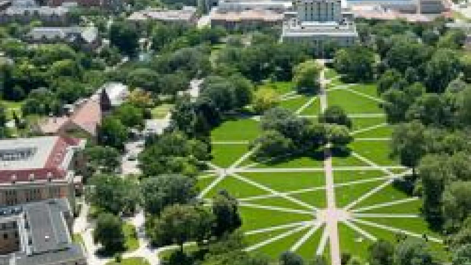 aerial of the Oval towards Thompson Library