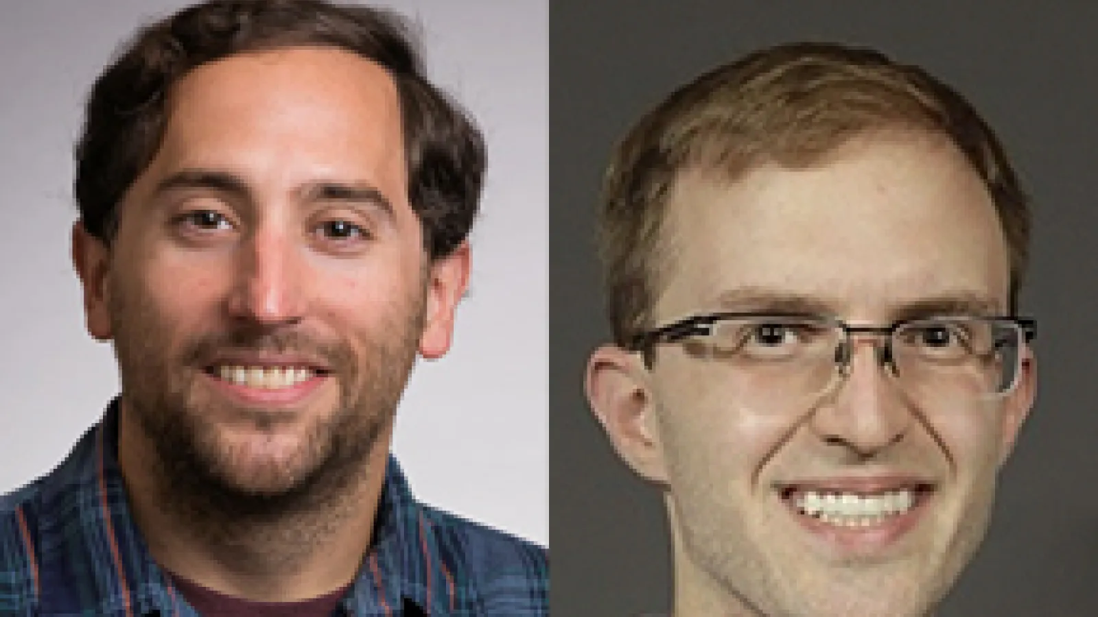 Side by side images of white men smiling at the camera